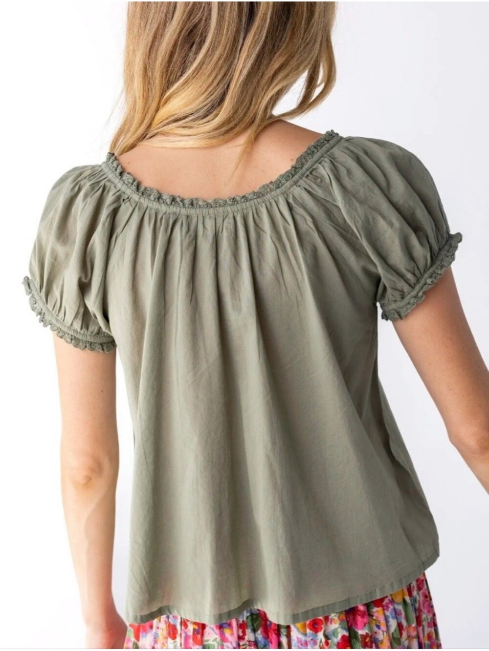NATURAL LIFE Sweet Nothings Olive Green Short Sleeves Embroidered Cotton Top S - Picture 5 of 12